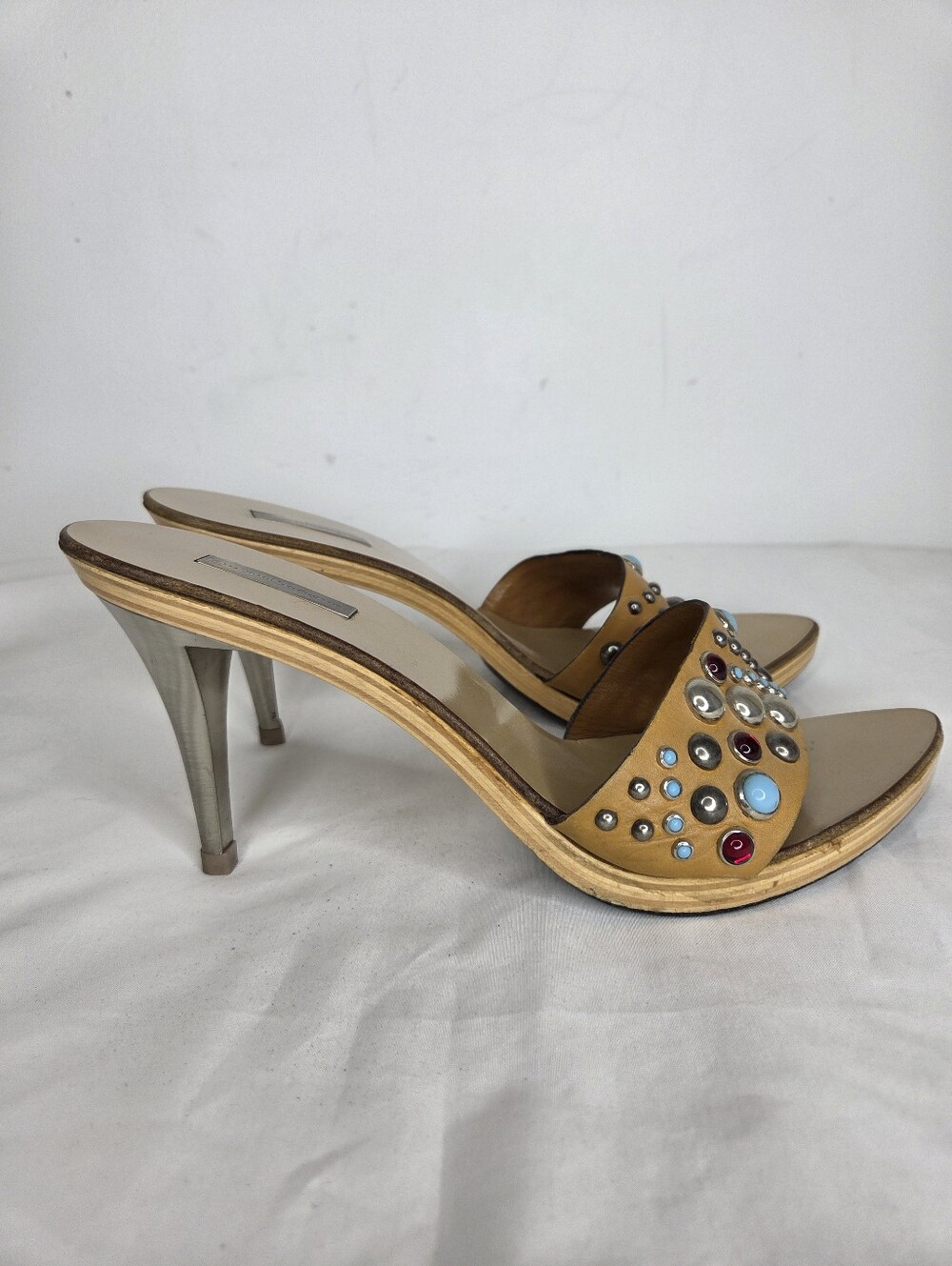 Mario Bologna Size 40 Studded Tan Slide Mules with Multicolor Gem Accents - Picture 4 of 14